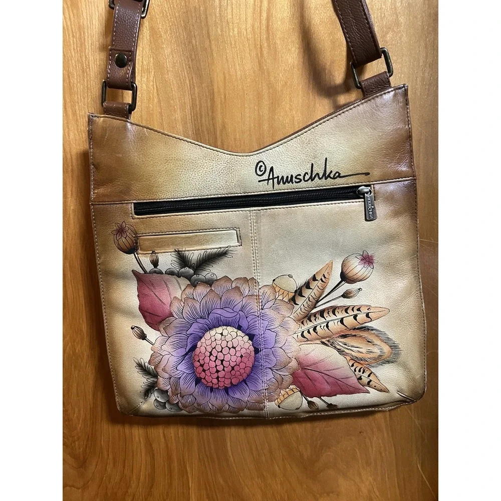 Anuschka Hand Painted Leather Rustic Floral‎ Crossbody Organizer Bag Purse 13x12